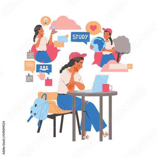 Female Student Character Learning Multitasking Switching Between Different Activities Vector Illustration