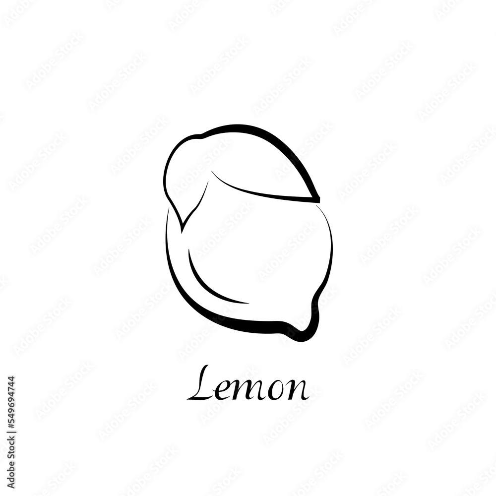 Lemon silhouette with inscription, description. Fruit outline. Black print icon isolated on white background. Lemon silhouette with inscription, description. Fruit outline. Black print icon isolated on white background.