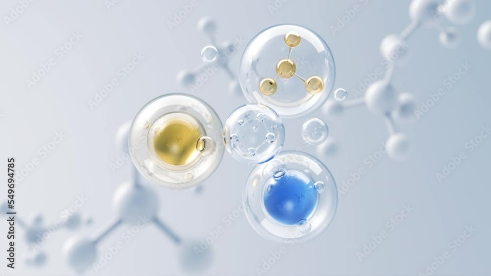 Cosmetic Essence, Blue Molecule in Liquid bubble, cosmetic concept background, 3d animation