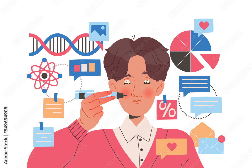 Male Student Character Learning Multitasking Switching Between Different Activities Vector Illustration Male Student Character Learning Multitasking Switching Between Different Activities Vector Illustration