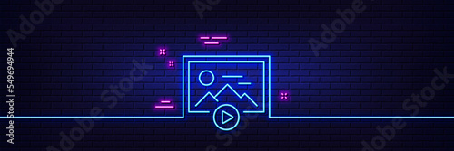 Neon light glow effect. Start presentation line icon. Photo image thumbnail sign. Picture placeholder symbol. 3d line neon glow icon. Brick wall banner. Start presentation outline. Vector