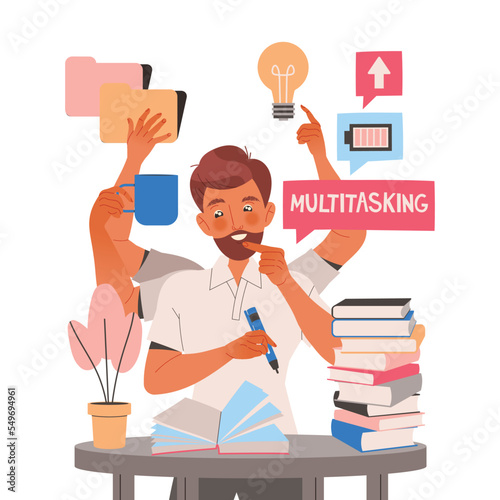 Male Student Character Learning Multitasking Switching Between Different Activities Vector Illustration