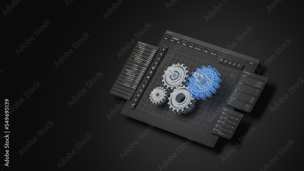 Engineering designer design 3D CAD software program Industrial engine model mechanical dimensional digital manufacturing factory engineer computer screen. 3d rendering. Engineering designer design 3D CAD software program Industrial engine model mechanical dimensional digital manufacturing factory engineer computer screen. 3d rendering.