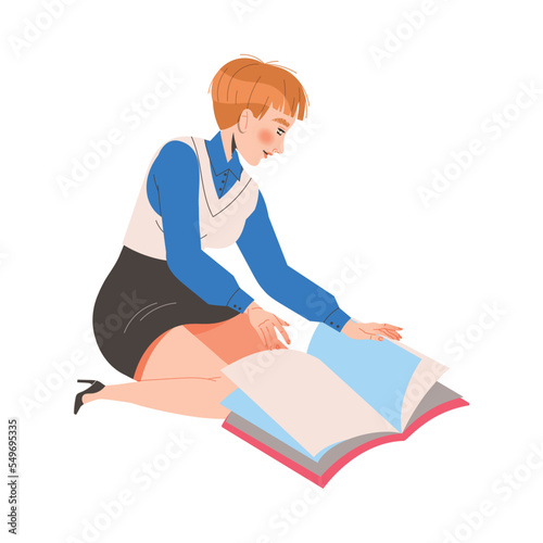 Female Student Character Learning Sitting on the Floor with Open Book Vector Illustration