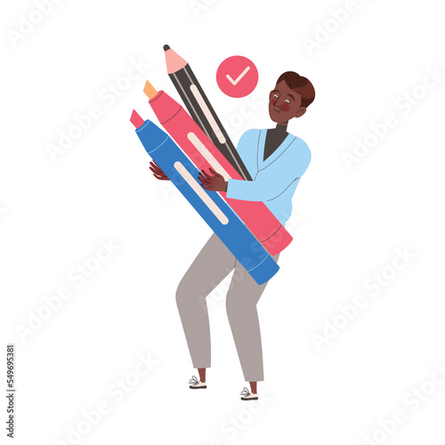 Smiling Male Student Character Carrying Huge Highlighter Learning Vector Illustration