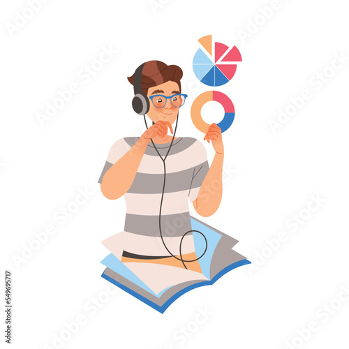 Male Student Character with Headphones Holding Chart Learning Vector Illustration