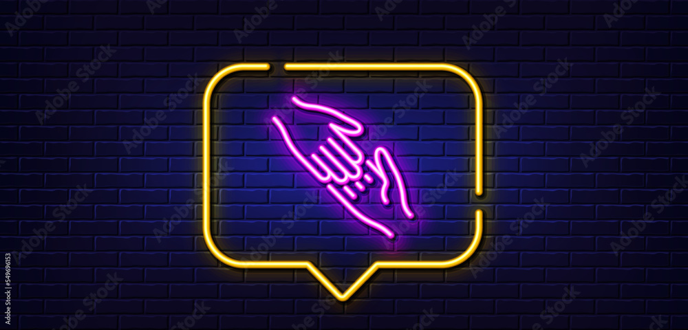 Neon light speech bubble. Helping hand line icon. Give gesture sign. Charity palm symbol. Neon light background. Helping hand glow line. Brick wall banner. Vector - obrazy, fototapety, plakaty 