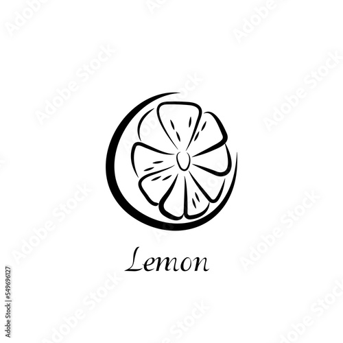 Lemon silhouette with inscription, description. Fruit outline. Black print icon isolated on white background.