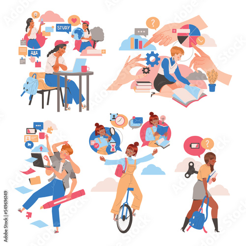 People Student Characters Learning Multitasking Switching Between Different Activities Vector Set