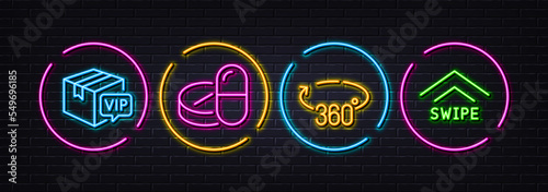 Medical drugs, Vip parcel and 360 degrees minimal line icons. Neon laser 3d lights. Swipe up icons. For web, application, printing. Medicine pills, Exclusive delivery, Full rotation. Vector