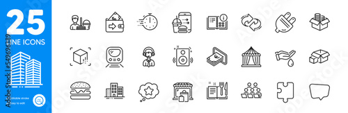 Outline icons set. Circus tent, Food order and Wallet icons. Buildings, Speakers, Market web elements. Metro, Chat message, Packing boxes signs. Instruction info, Burger, Loyalty star. Vector