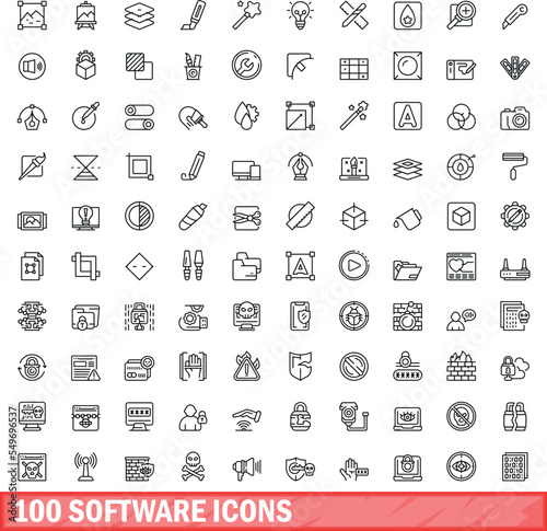 100 software icons set. Outline illustration of 100 software icons vector set isolated on white background