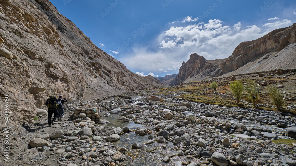 Two hikers heading to Tachungste campsite in Markha valley, Ladakh