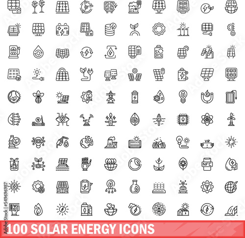100 solar energy icons set. Outline illustration of 100 solar energy icons vector set isolated on white background