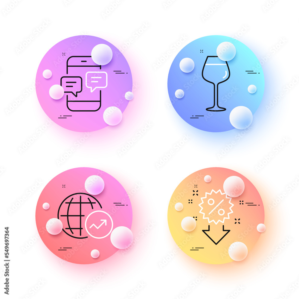 World statistics, Phone messages and Bordeaux glass minimal line icons. 3d spheres or balls buttons. Discount icons. For web, application, printing. Global report, Mobile chat, Wine glass. Vector World statistics, Phone messages and Bordeaux glass minimal line icons. 3d spheres or balls buttons. Discount icons. For web, application, printing. Global report, Mobile chat, Wine glass. Vector