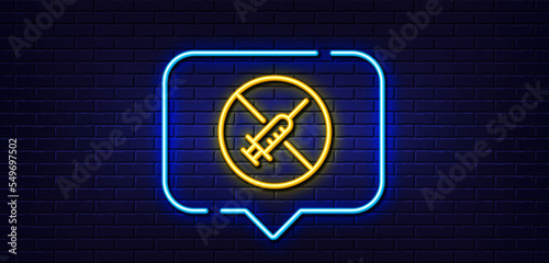 Neon light speech bubble. No vaccine line icon. Stop Vaccination sign. Syringe jab symbol. Neon light background. No vaccine glow line. Brick wall banner. Vector