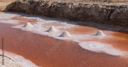 Salt lake in Tunisia Chott el Djerid red color of water from the salt minerals. Largest salt lake in the Sahara Desert. Tourist destination. Travel the world.