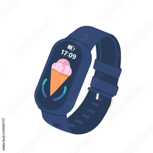 Fitness Tracker with Ice Cream, Time and Battery Charge on Display Screen, Smart Watch Device On Blue Silicone Bracelet