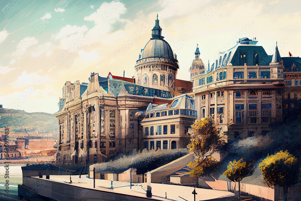 Streets of Budapest. Beautiful illustration generated by Ai