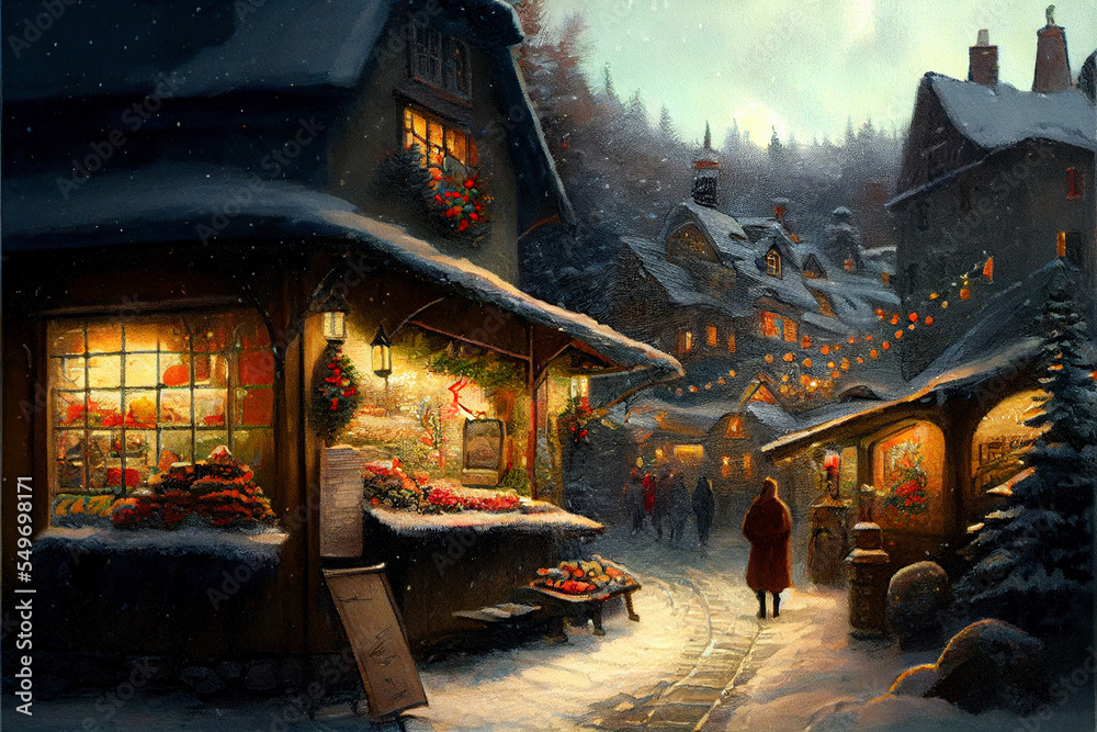 Christmas market at night in an alpine village