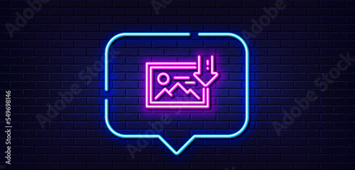 Neon light speech bubble. Download photo line icon. Image thumbnail sign. Picture placeholder symbol. Neon light background. Download photo glow line. Brick wall banner. Vector