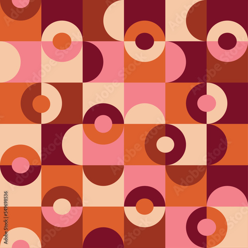 Mid century modern  geometric circles and half circles seamless pattern  in orange, pink, brown white and burgundy. For home décor, textile and retro posters 