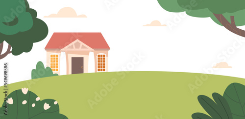 Cottage House at Green Field at Spring or Summer Time. Countryside Landscape with Private Dwelling, Villa or Home
