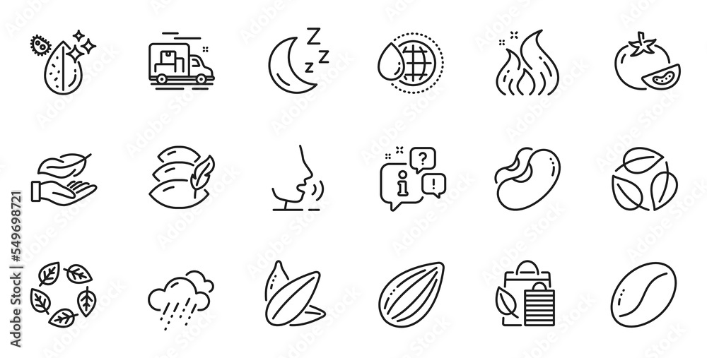 Outline set of Almond nut, Dirty water and Rainy weather line icons for web application. Talk, information, delivery truck outline icon. Include Beans, World water, Organic tested icons. Vector Outline set of Almond nut, Dirty water and Rainy weather line icons for web application. Talk, information, delivery truck outline icon. Include Beans, World water, Organic tested icons. Vector