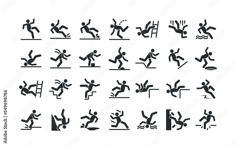 Set Of Caution Symbols With Stick Figure Man Falling from Ladder, Slip on Wet Floor, Fall Down The Stairs