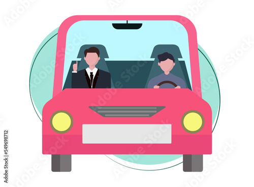 運転をする自動車教習所の指導員と生徒。ドライブ、仮免許。ベクターイラスト