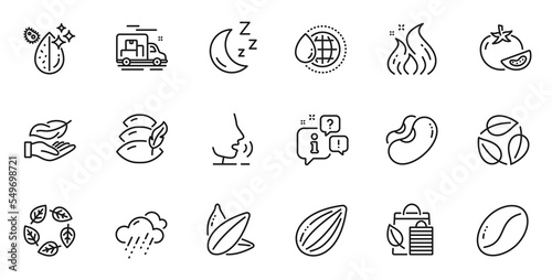 Outline set of Almond nut, Dirty water and Rainy weather line icons for web application. Talk, information, delivery truck outline icon. Include Beans, World water, Organic tested icons. Vector