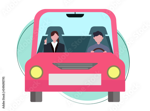 教習所で運転の試験を受ける女性。仮免、免許書センター、自動車。ベクターイラスト