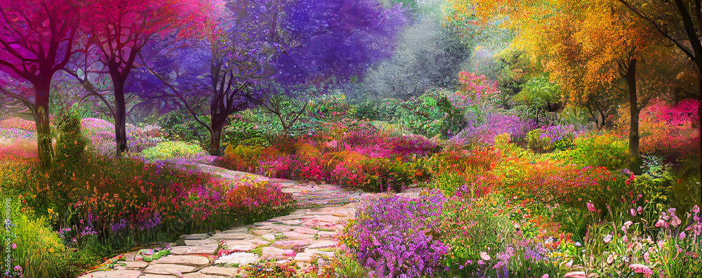 Fototapeta premium panorama magical garden landscape with flowers and colorful trees generative ai illustration