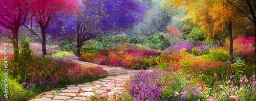 Foto panorama magical garden landscape with flowers and colorful trees	generative ai