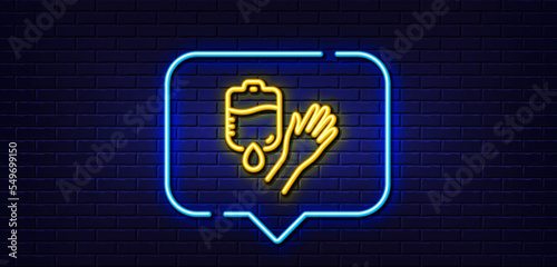 Neon light speech bubble. Donate blood line icon. Medical donor sign. Plasma symbol. Neon light background. Blood glow line. Brick wall banner. Vector