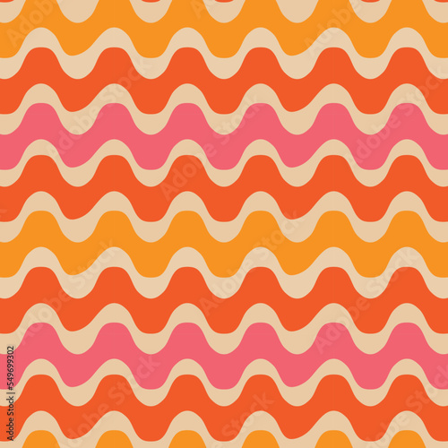 Abstract retro 70s groovy waves seamless pattern in orange, pink and mustard yellow over light cream background. For retro backgrounds, home décor and posters 