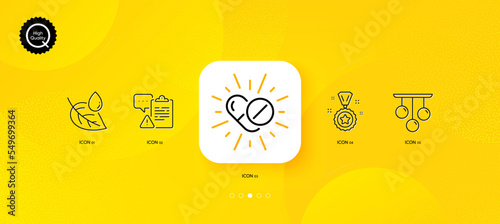 Winner reward, Medical drugs and Ceiling lamp minimal line icons. Yellow abstract background. Leaf dew, Clipboard icons. For web, application, printing. Vector