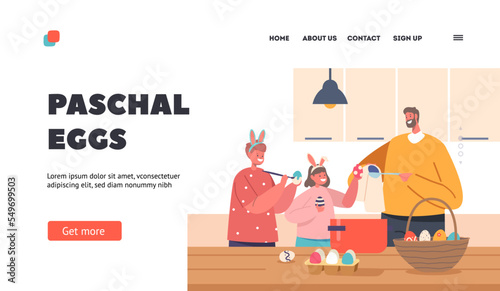Paschal Eggs Landing Page Template. Happy Family Prepare for Easter Spring Holiday Celebration. Father, Daughter and Son