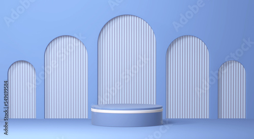 Empty minimalistic blue podium with white rim in studio lighting. Single cylinder on a blue background with an rounded arches. 3d render