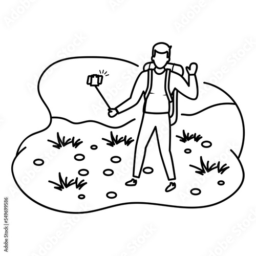man trekker taking selfie with camera Concept, Travel blogger at peak vector outline icon design, Outdoor weekend Activity symbol, Tourist Holiday Scene Sign, Happy people at Vacation stock illu