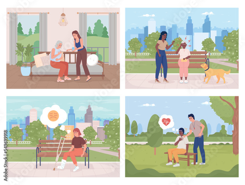 Pain attacks flat color vector illustrations set. Different kinds of aches. Health problems. Fully editable 2D simple cartoon characters collection with home and landscapes on background
