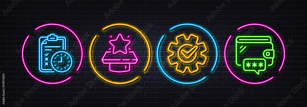 Winner podium, Cogwheel and Exam time minimal line icons. Neon laser 3d lights. Wallet icons. For web, application, printing. First place, Engineering tool, Checklist. Online money. Vector