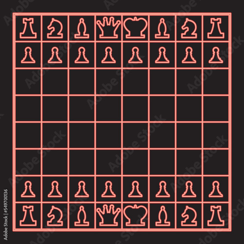 Neon chessboard and chess pieces line figures red color vector illustration image flat style
