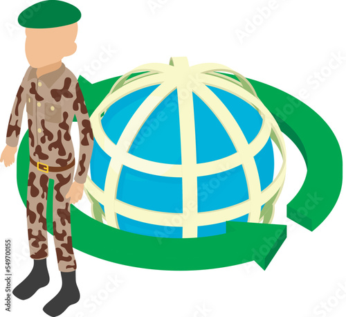 Green beret icon isometric vector. Army sergeant in military uniform near planet. Military serviceman, army concept