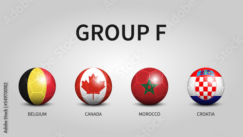 Qatar soccer cup tournament 2022 . Group F stages . Football with country flag pattern . Vector .