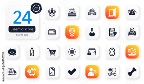 Set of Business flat icons. Edit user, Food delivery and Delivery truck elements for web application. Dog bone, Warning, Chemistry lab icons. Water bottle, Smartphone broken. Vector