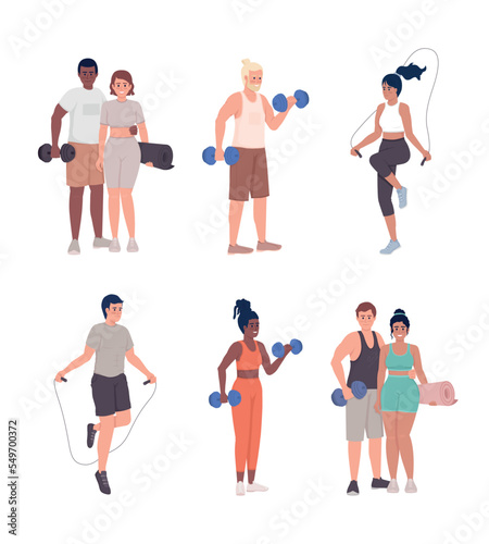 Sportive lifestyle semi flat color vector characters set. Editable figures. Full body people on white. Exercising simple cartoon style illustrations pack for web graphic design and animation