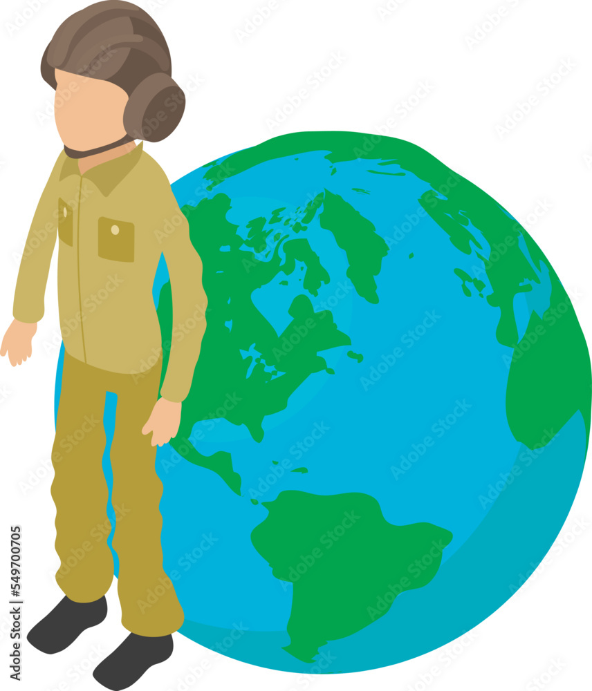 Tankman icon isometric vector. Faceless soldier man on planet earth background. Military serviceman, army concept