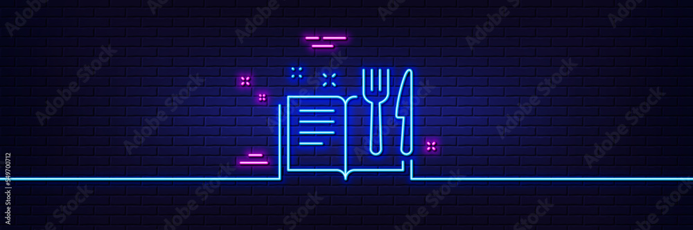Neon light glow effect. Recipe book line icon. Cutlery sign. Fork, knife symbol. 3d line neon glow icon. Brick wall banner. Recipe book outline. Vector Neon light glow effect. Recipe book line icon. Cutlery sign. Fork, knife symbol. 3d line neon glow icon. Brick wall banner. Recipe book outline. Vector
