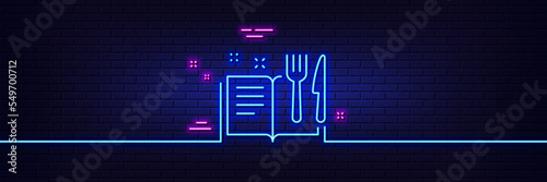 Neon light glow effect. Recipe book line icon. Cutlery sign. Fork, knife symbol. 3d line neon glow icon. Brick wall banner. Recipe book outline. Vector